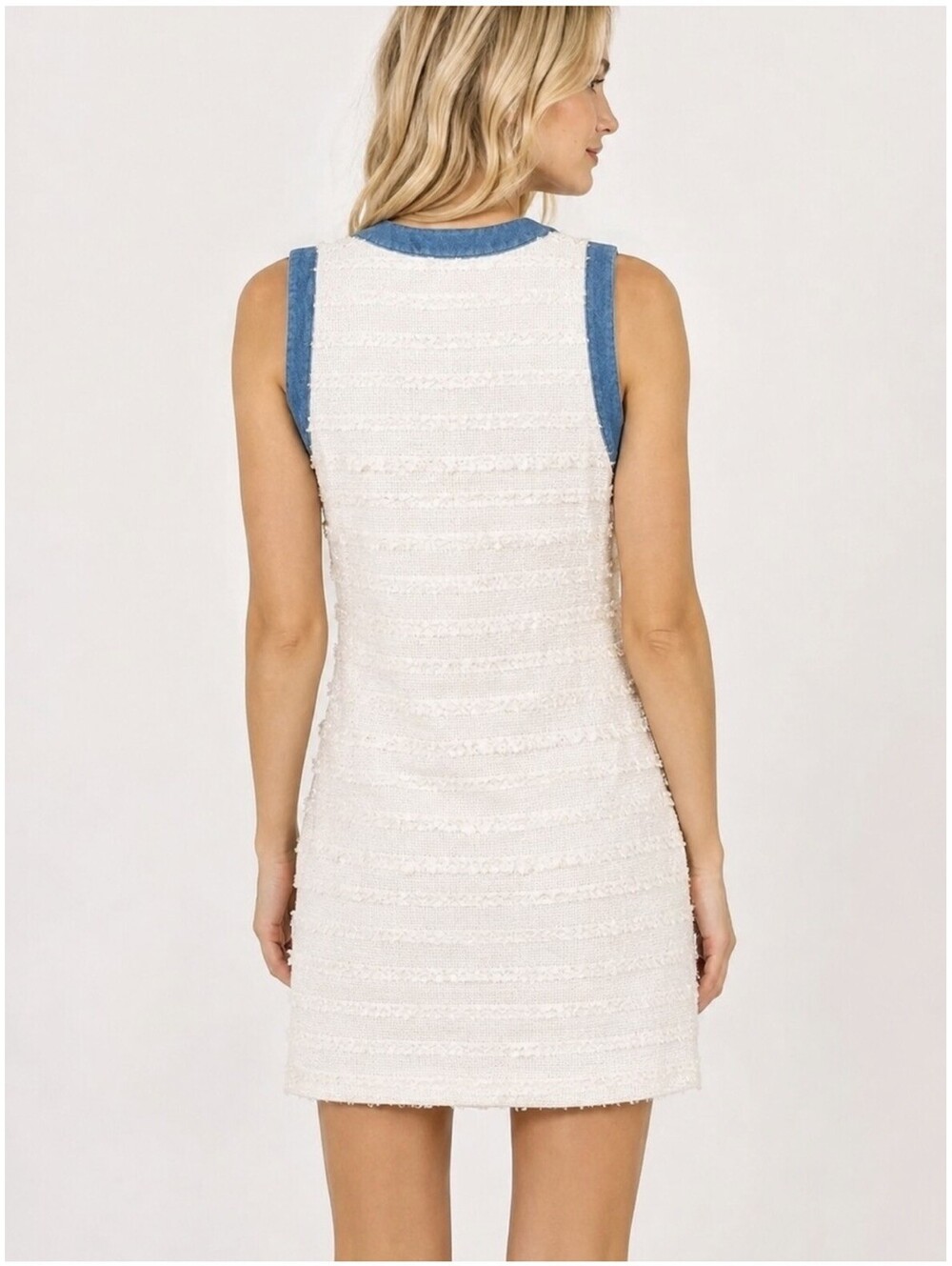 HEYSON women's ivory tweed denim trim sleeveless button front mini dress - Picture 2 of 9